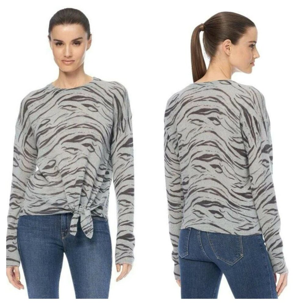 360 Cashmere Kourtney Zebra Print Tie-Front Cashmere Sweater Gray/Black